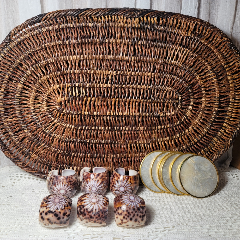 1970's  Vintage Sea Shell Napkings With Capiz Coasters And Place Mats Set Of 6